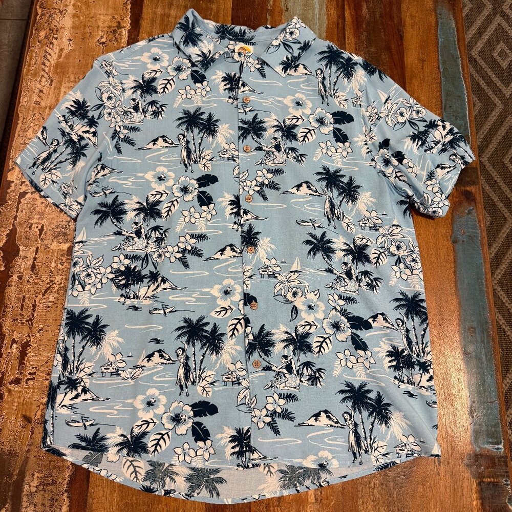C&C California Blue Tropical Hawaiian‎ Short Sleeve Button Down Shirt Size L